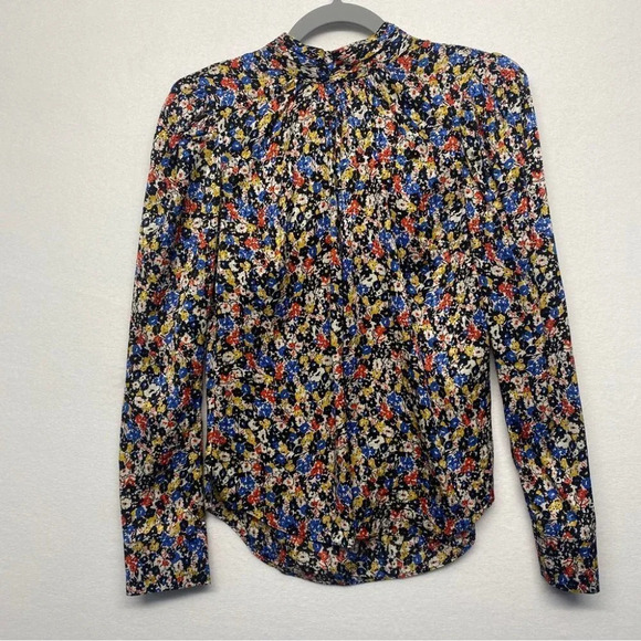 Veronica Beard Mena Gathered Floral Puff Sleeve Top Silk 0 Mock Neck - Picture 9 of 13